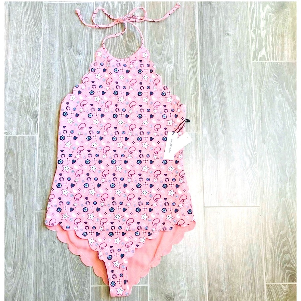 Marysia Swim Mott Mailott Scalloped Halter Pink Swimsuit NWT Large
